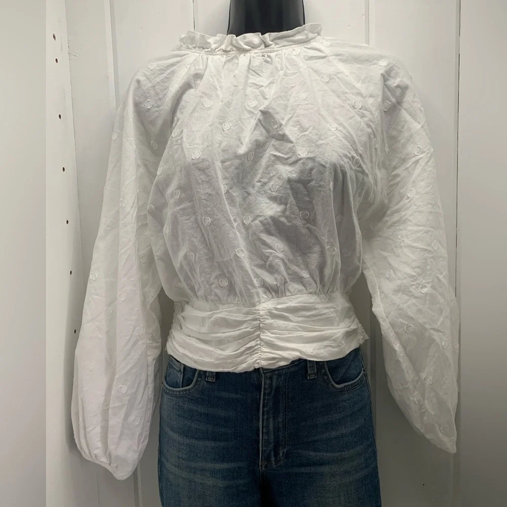 Maeve by Anthropologie Polkadot Puff Sleeve Top Size 6 White Blouse Cropped